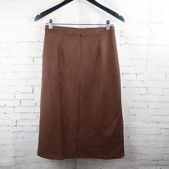 SHEIN BROWN FAUX SUEDE STRETCHY OFFICE BUSINESS SKIRT WITH FRONT SLIT OPENING - Picture 4 of 5